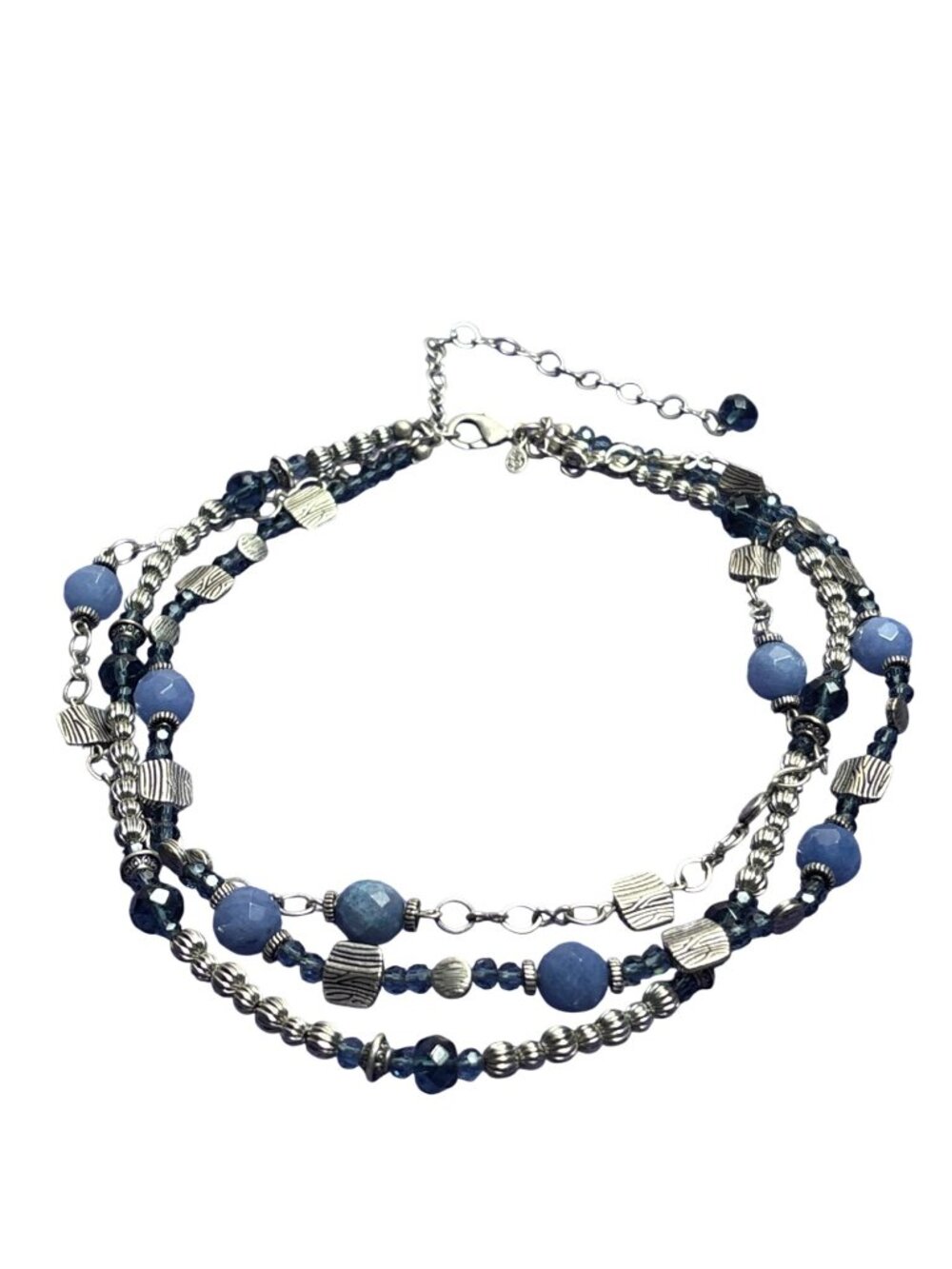 Premier Designs 3 Strand Silvertone Beaded Necklace Blue Glass and Stone